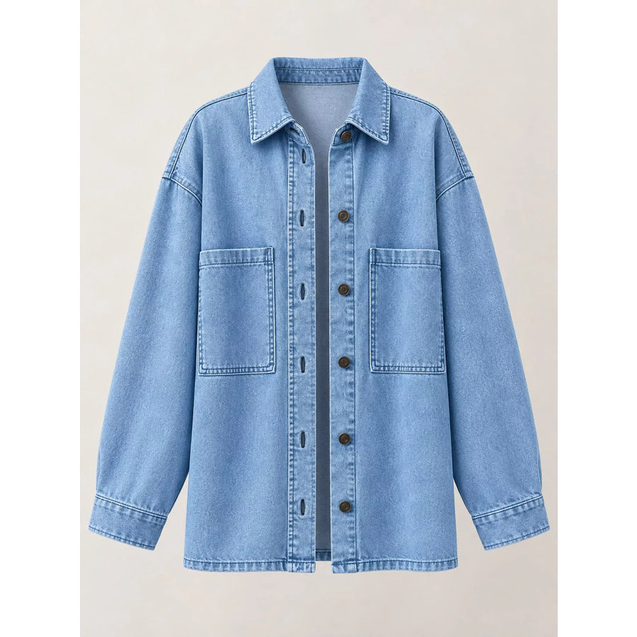 Button Up Dropped Shoulder Denim Shacket Apparel and Accessories