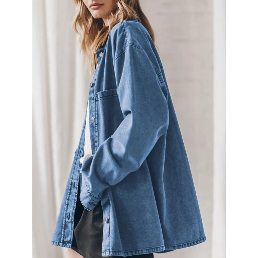 Button Up Dropped Shoulder Denim Shacket Apparel and Accessories