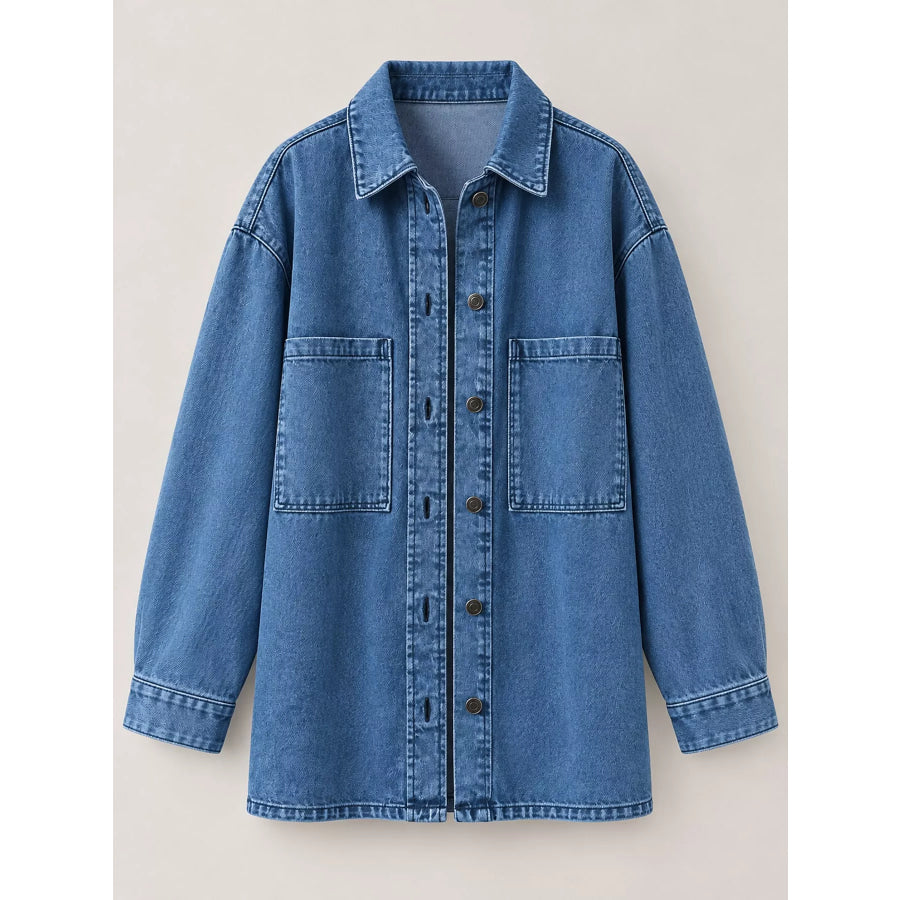 Button Up Dropped Shoulder Denim Shacket Apparel and Accessories