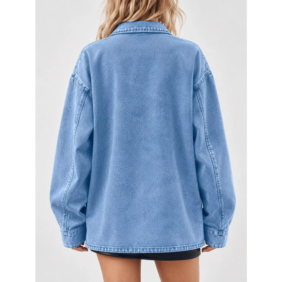Button Up Dropped Shoulder Denim Shacket Light Blue / S Apparel and Accessories