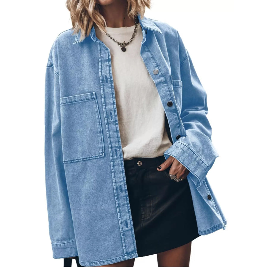 Button Up Dropped Shoulder Denim Shacket Apparel and Accessories