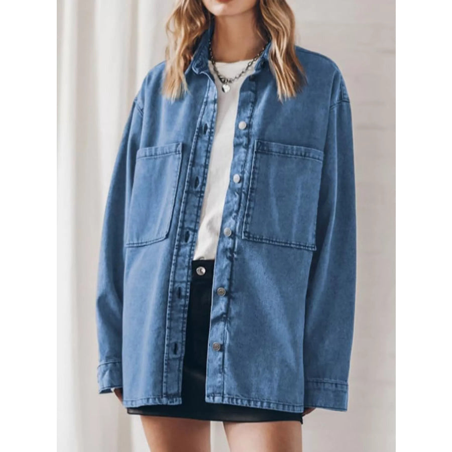 Button Up Dropped Shoulder Denim Shacket Dark Blue / S Apparel and Accessories