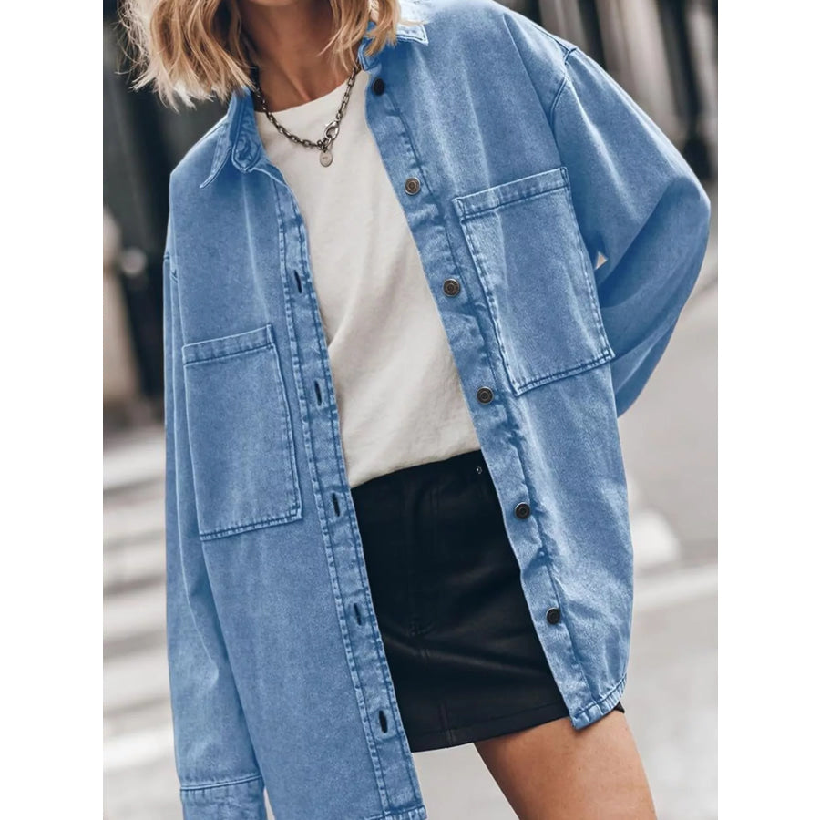 Button Up Dropped Shoulder Denim Shacket Light Blue / S Apparel and Accessories
