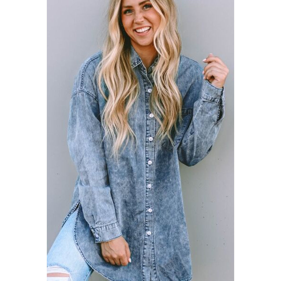 Button Up Dropped Shoulder Denim Top Clothing