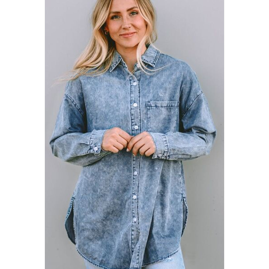 Button Up Dropped Shoulder Denim Top Clothing