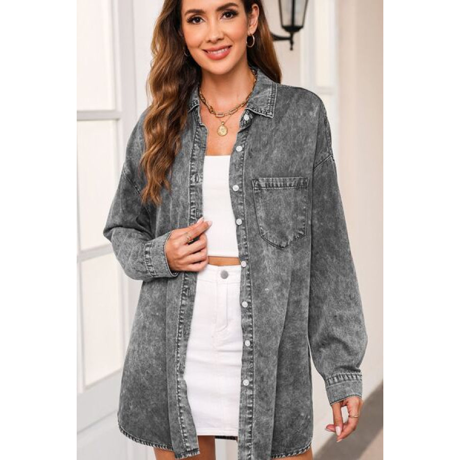 Button Up Dropped Shoulder Denim Top Clothing