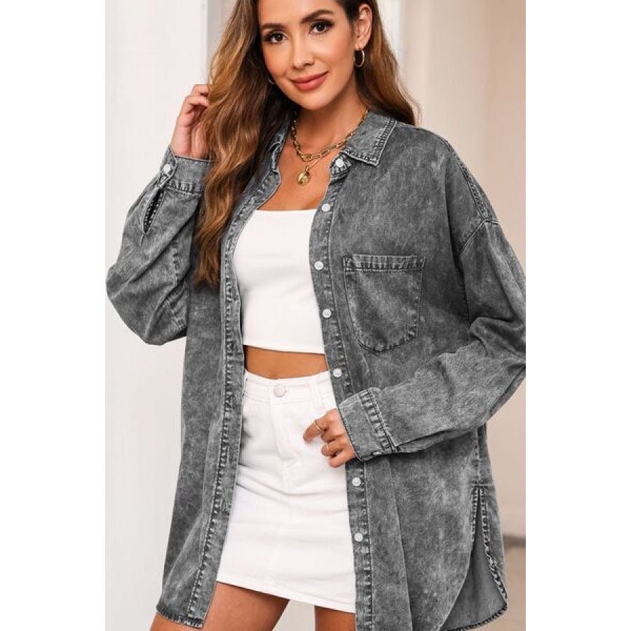 Button Up Dropped Shoulder Denim Top Clothing