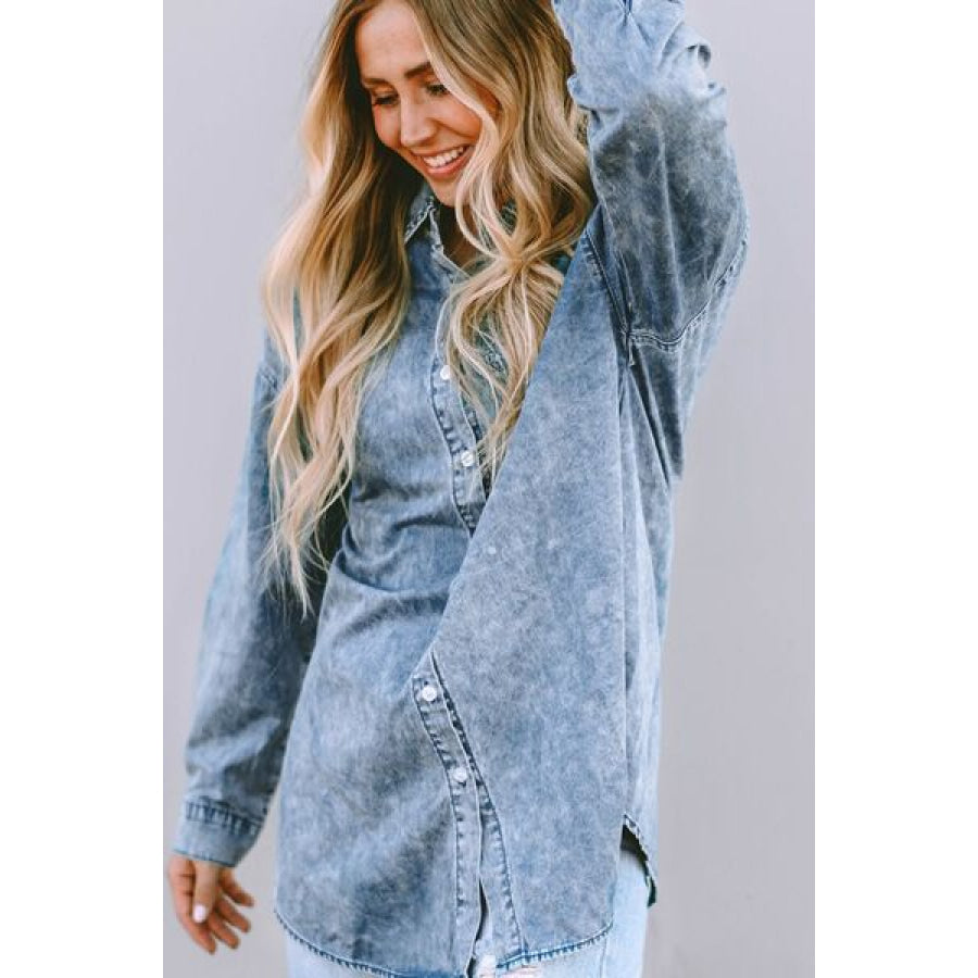 Button Up Dropped Shoulder Denim Top Clothing