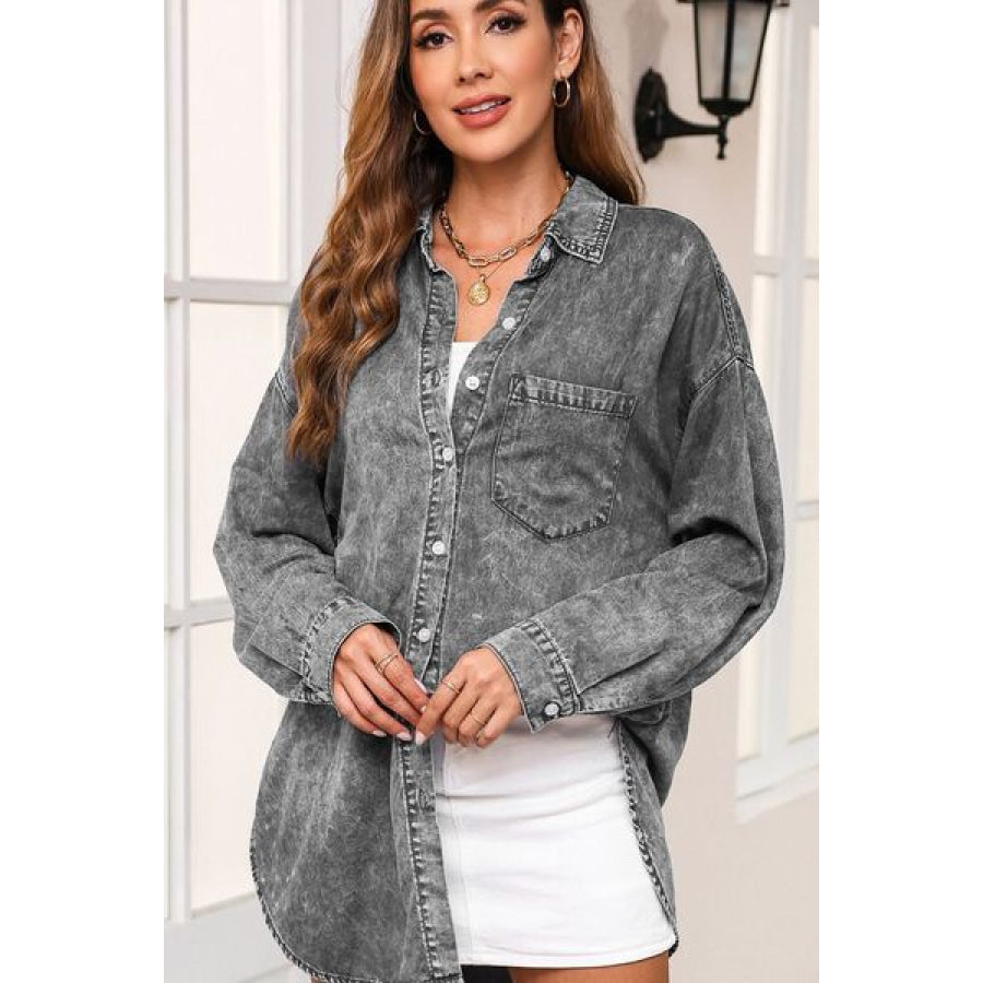 Button Up Dropped Shoulder Denim Top Clothing