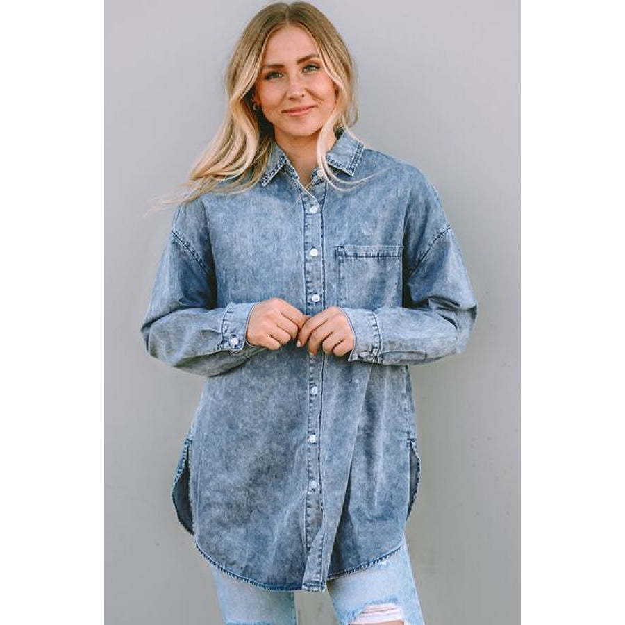 Button Up Dropped Shoulder Denim Top Misty Blue / S Clothing