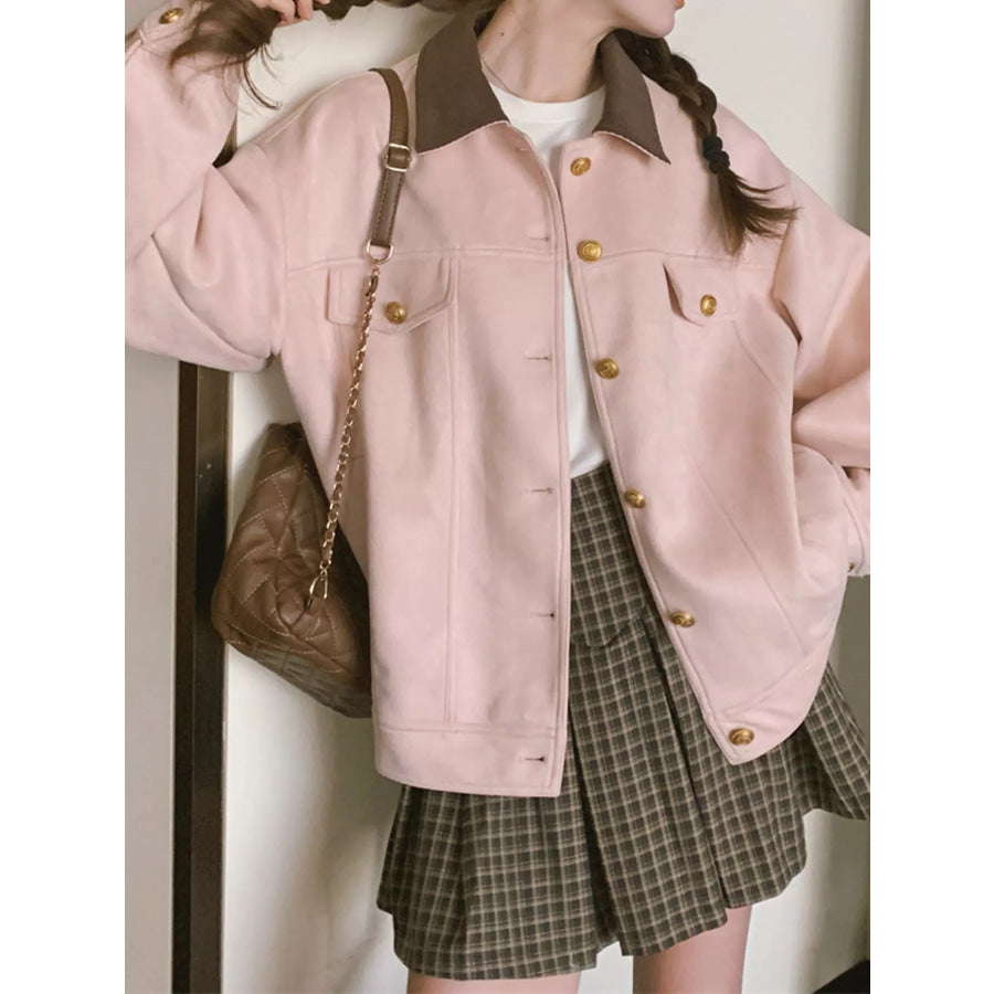 Button Up Dropped Shoulder Jacket Pink-5496-Lined / S Apparel and Accessories