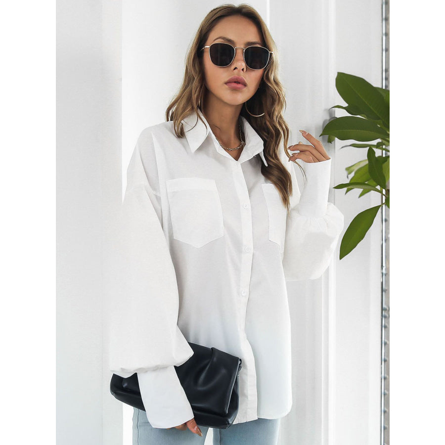 Button Up Dropped Shoulder Lantern Sleeve Shirt Apparel and Accessories