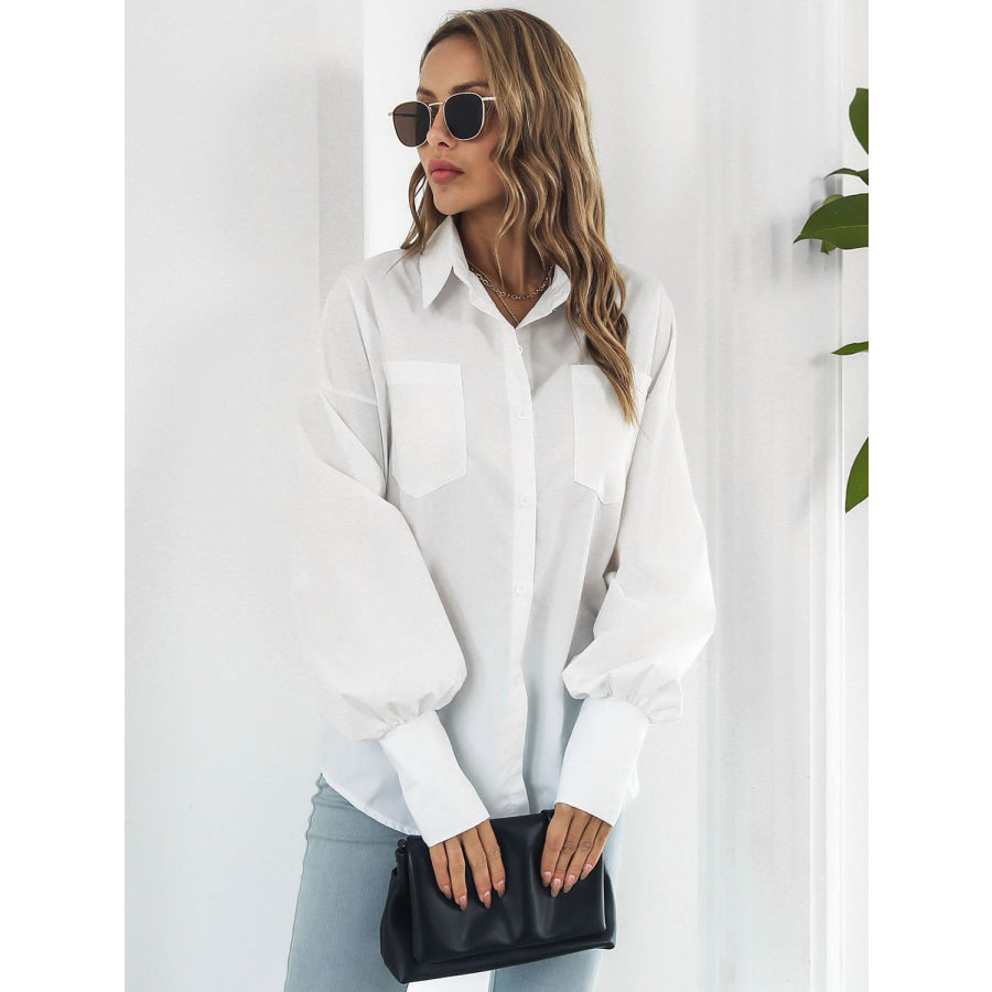 Button Up Dropped Shoulder Lantern Sleeve Shirt Apparel and Accessories