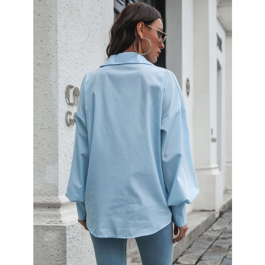 Button Up Dropped Shoulder Lantern Sleeve Shirt Blue / S Apparel and Accessories