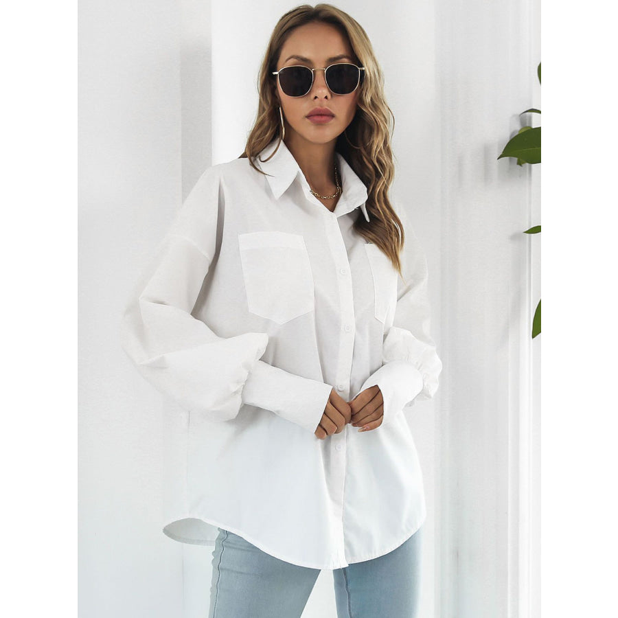 Button Up Dropped Shoulder Lantern Sleeve Shirt Apparel and Accessories