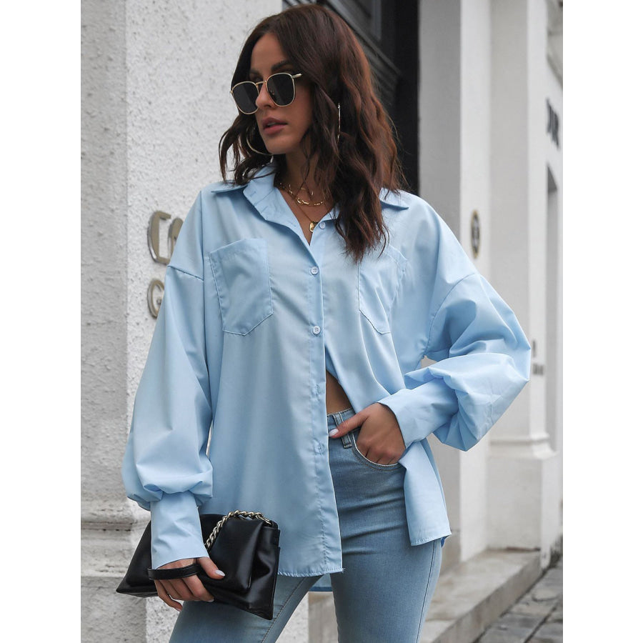 Button Up Dropped Shoulder Lantern Sleeve Shirt Blue / S Apparel and Accessories