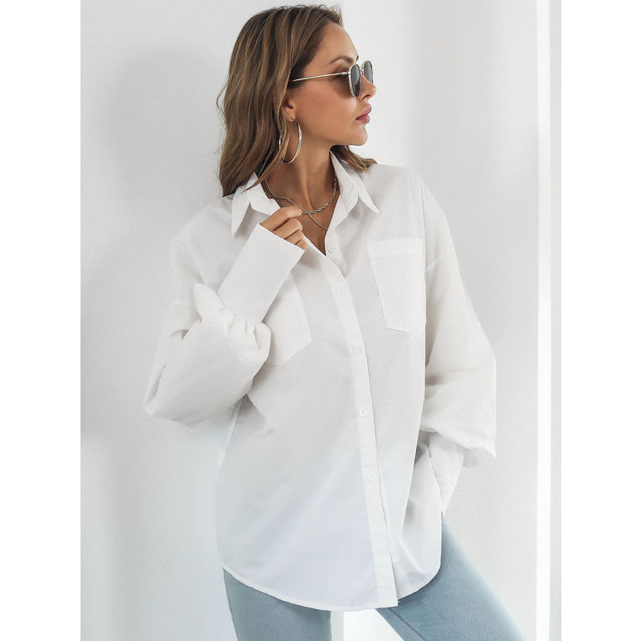 Button Up Dropped Shoulder Lantern Sleeve Shirt White / S Apparel and Accessories