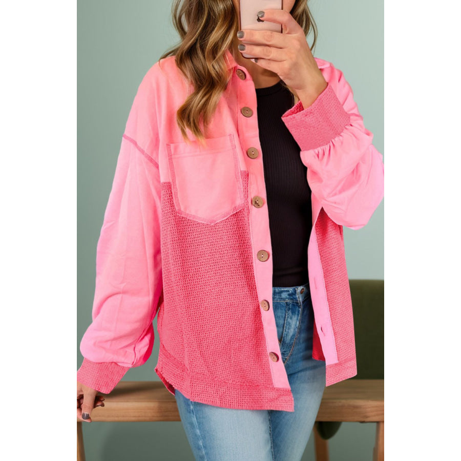 Button Up Dropped Shoulder Long Sleeve Jacket Blush Pink / S Apparel and Accessories