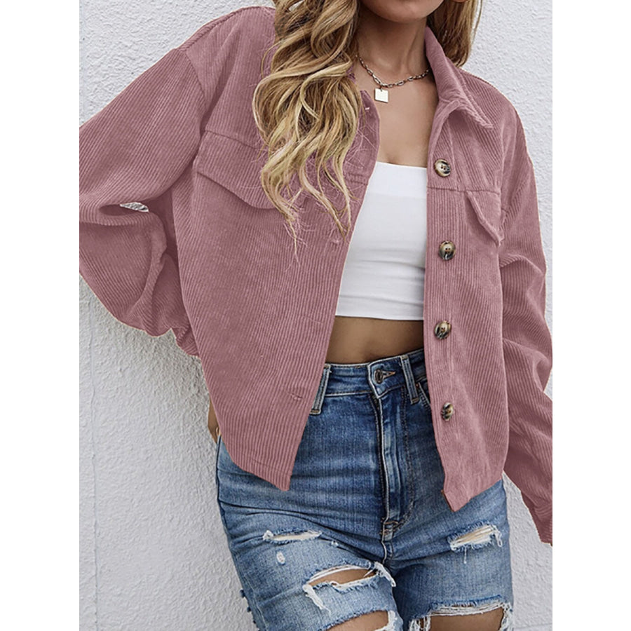 Button Up Dropped Shoulder Long Sleeve Jacket Dusty Pink / L Apparel and Accessories