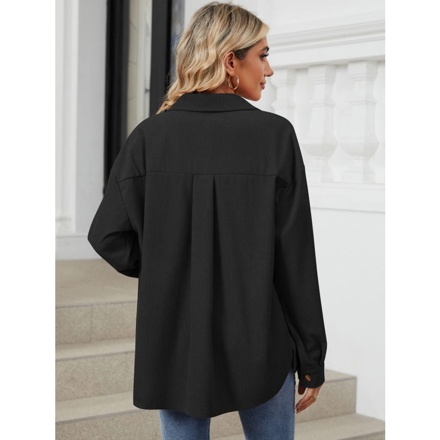 Button Up Dropped Shoulder Long Sleeve Outerwear Apparel and Accessories