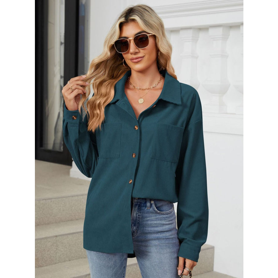 Button Up Dropped Shoulder Long Sleeve Outerwear Apparel and Accessories