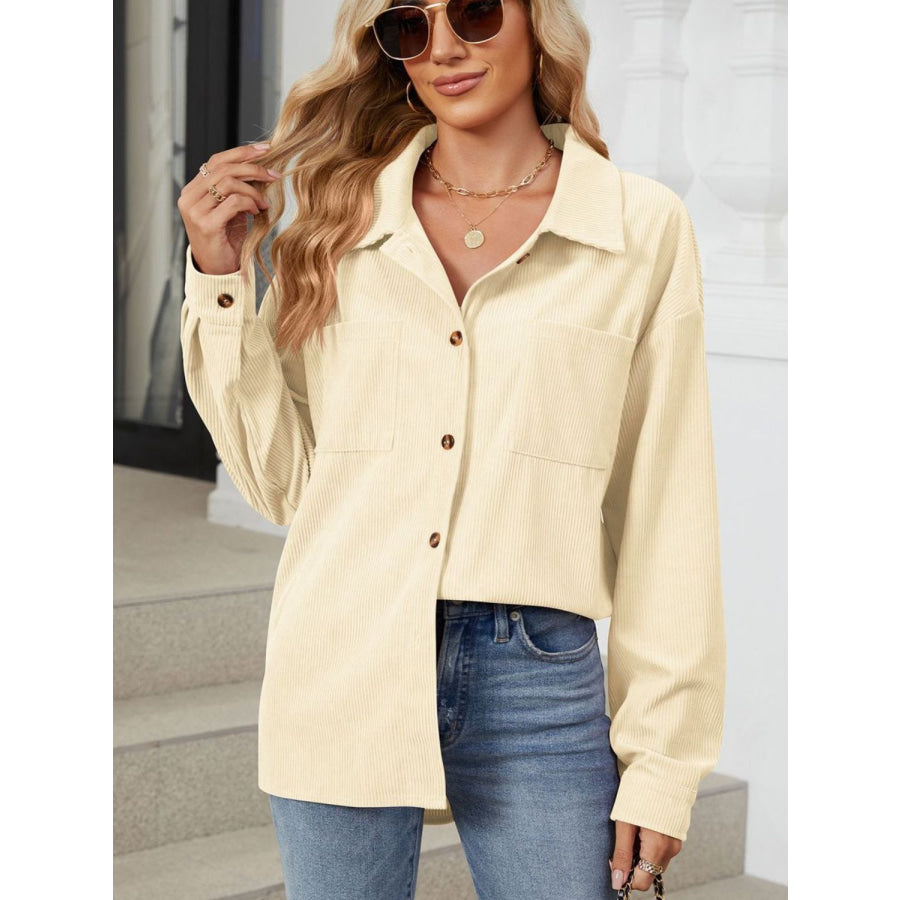 Button Up Dropped Shoulder Long Sleeve Outerwear Apparel and Accessories