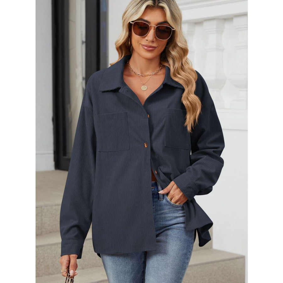 Button Up Dropped Shoulder Long Sleeve Outerwear Apparel and Accessories