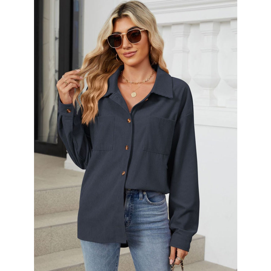 Button Up Dropped Shoulder Long Sleeve Outerwear Apparel and Accessories