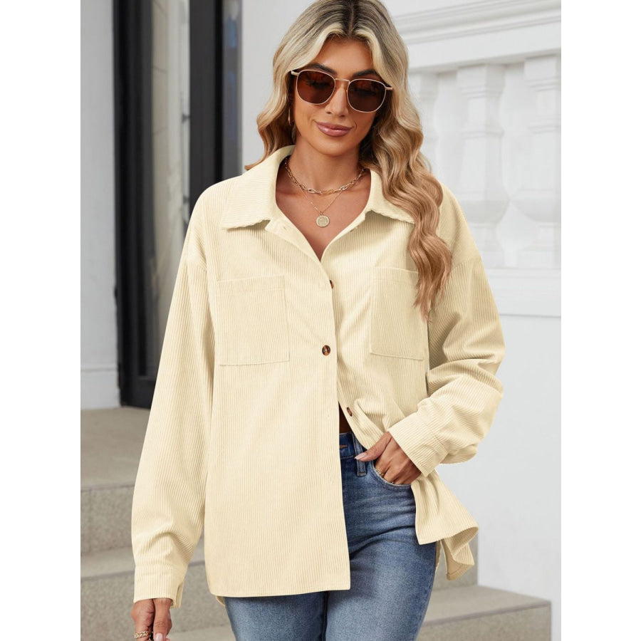 Button Up Dropped Shoulder Long Sleeve Outerwear Apparel and Accessories