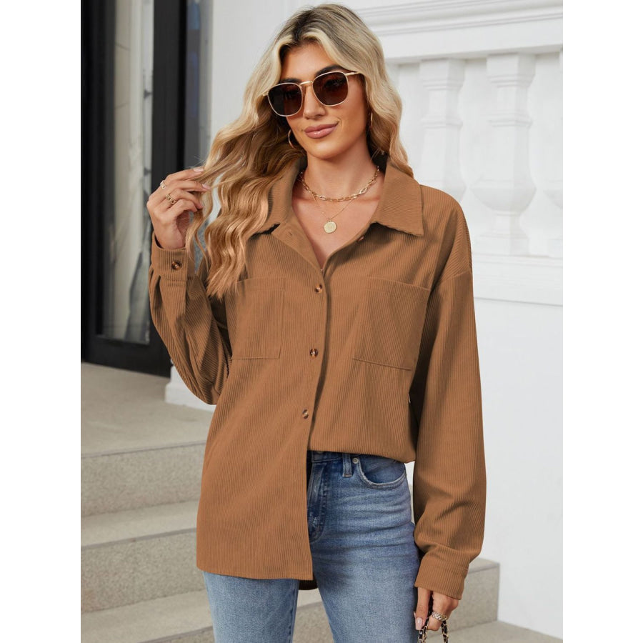 Button Up Dropped Shoulder Long Sleeve Outerwear Apparel and Accessories