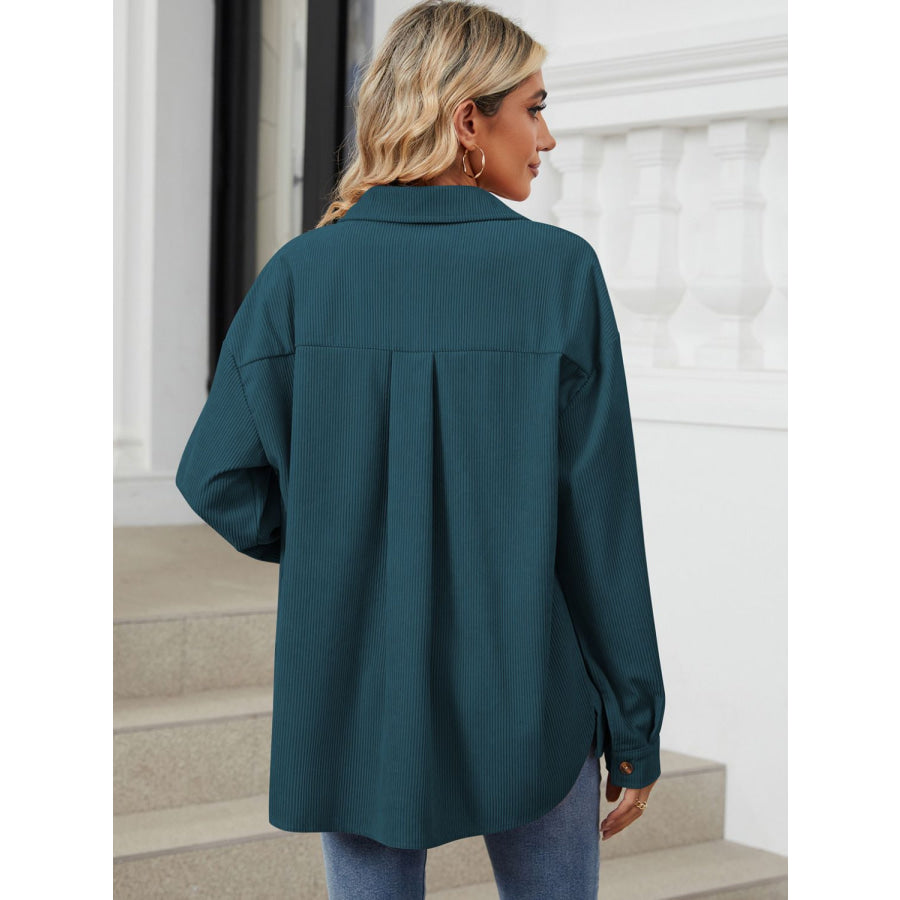 Button Up Dropped Shoulder Long Sleeve Outerwear Apparel and Accessories