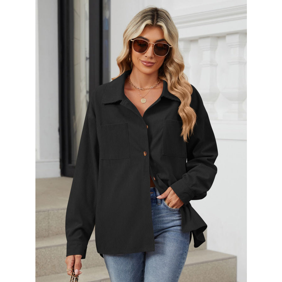 Button Up Dropped Shoulder Long Sleeve Outerwear Apparel and Accessories