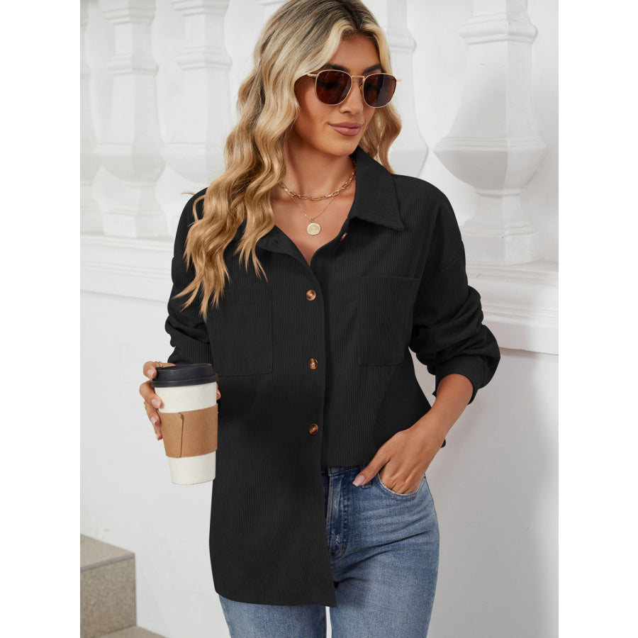 Button Up Dropped Shoulder Long Sleeve Outerwear Apparel and Accessories