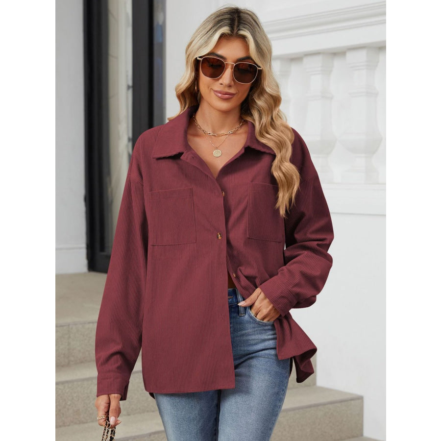 Button Up Dropped Shoulder Long Sleeve Outerwear Apparel and Accessories