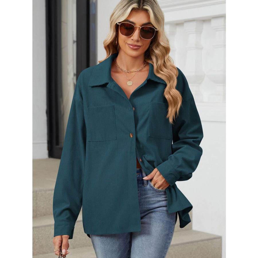 Button Up Dropped Shoulder Long Sleeve Outerwear Apparel and Accessories