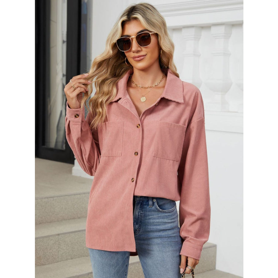 Button Up Dropped Shoulder Long Sleeve Outerwear Apparel and Accessories