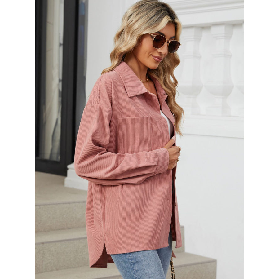 Button Up Dropped Shoulder Long Sleeve Outerwear Apparel and Accessories