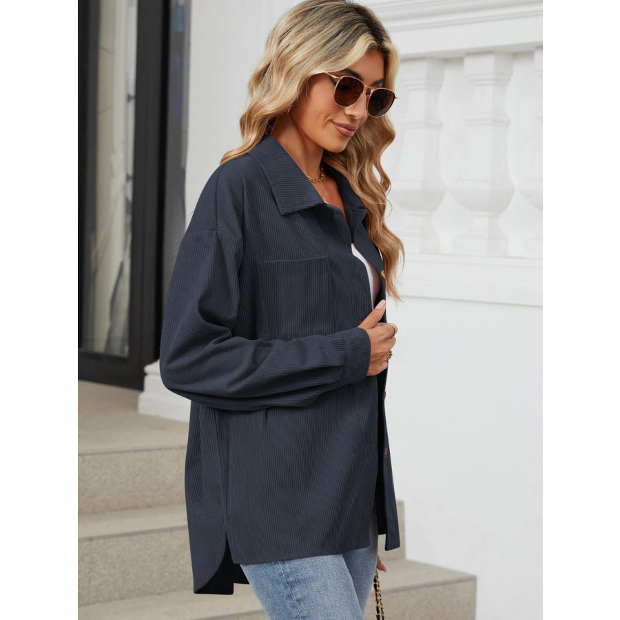 Button Up Dropped Shoulder Long Sleeve Outerwear Apparel and Accessories