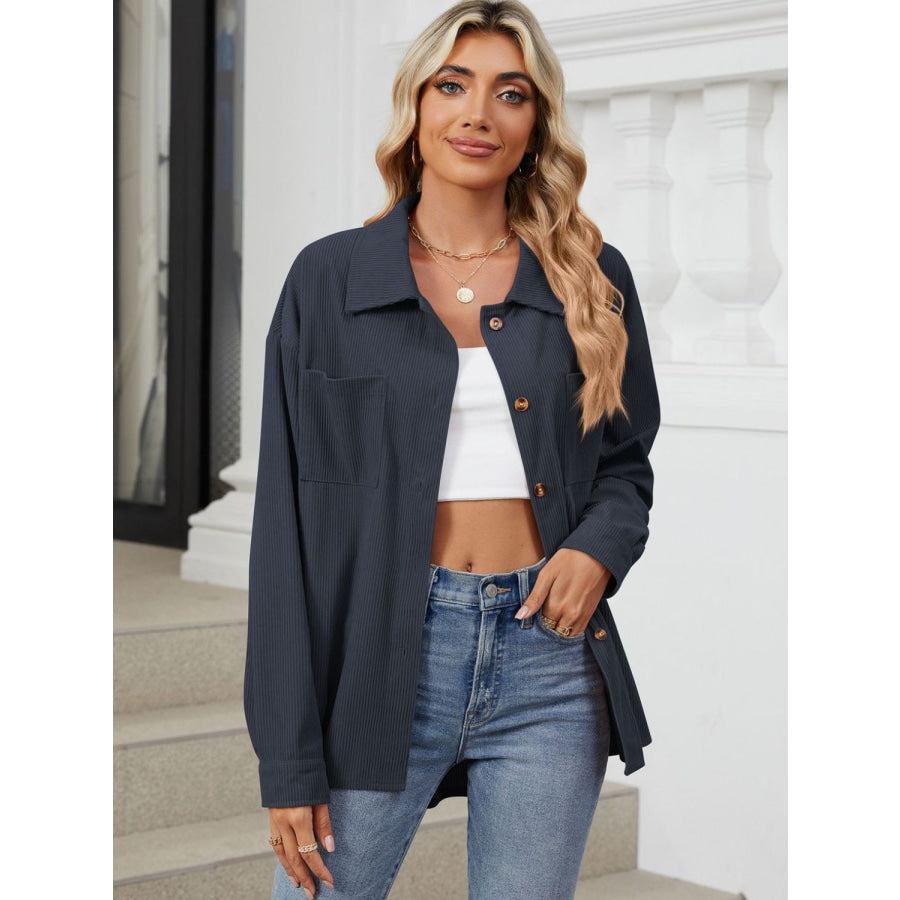 Button Up Dropped Shoulder Long Sleeve Outerwear Apparel and Accessories