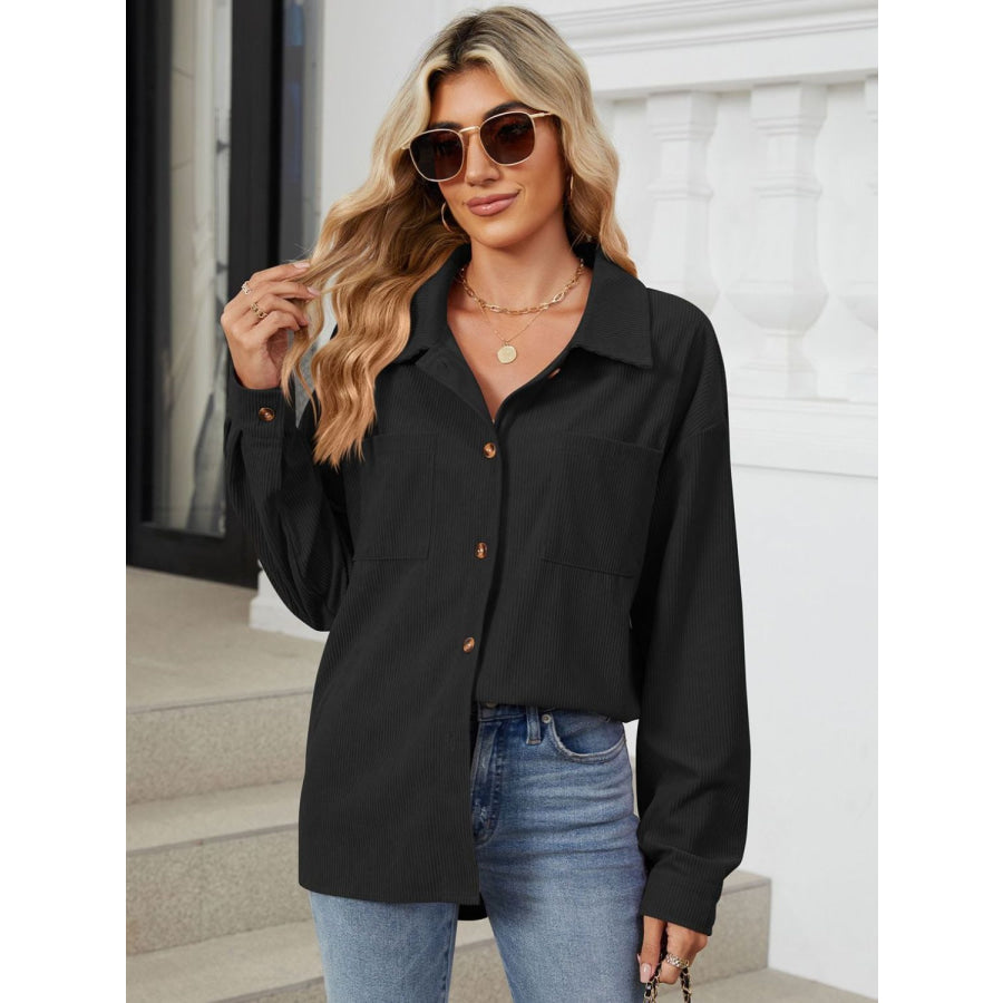 Button Up Dropped Shoulder Long Sleeve Outerwear Apparel and Accessories