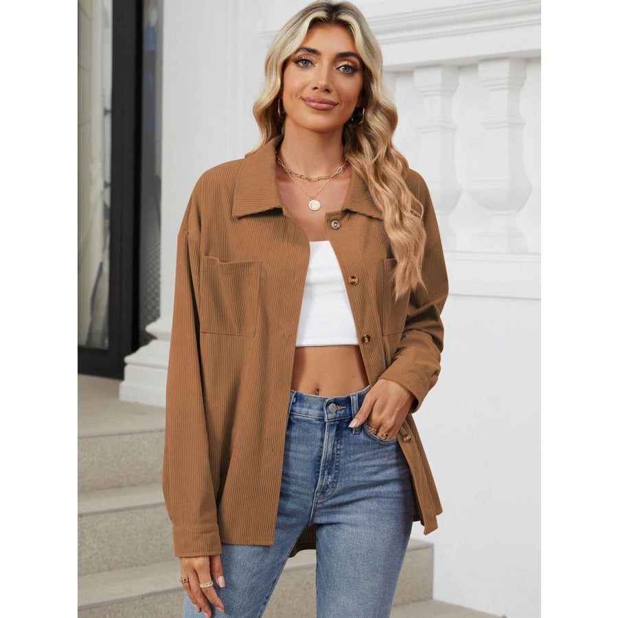 Button Up Dropped Shoulder Long Sleeve Outerwear Apparel and Accessories