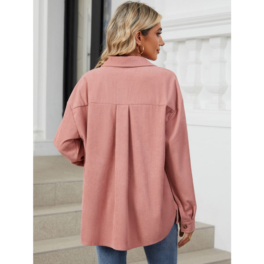 Button Up Dropped Shoulder Long Sleeve Outerwear Apparel and Accessories