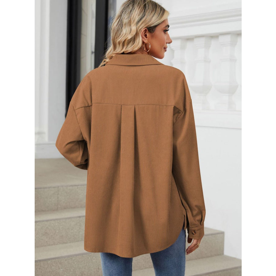 Button Up Dropped Shoulder Long Sleeve Outerwear Apparel and Accessories