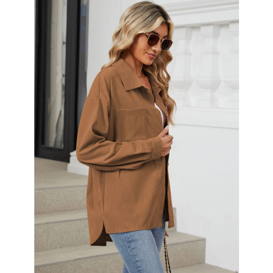 Button Up Dropped Shoulder Long Sleeve Outerwear Apparel and Accessories