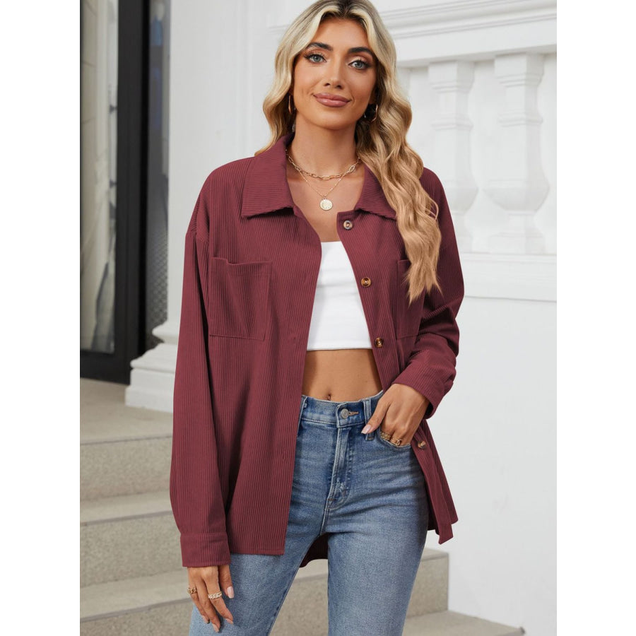 Button Up Dropped Shoulder Long Sleeve Outerwear Burgundy / S Apparel and Accessories