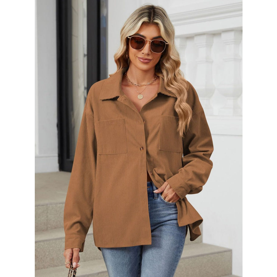 Button Up Dropped Shoulder Long Sleeve Outerwear Caramel / S Apparel and Accessories