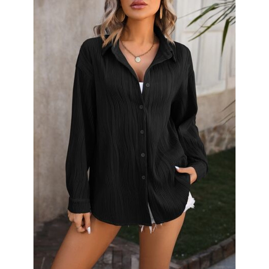 Button Up Dropped Shoulder Shirt Black / S Apparel and Accessories