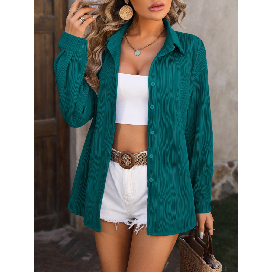 Button Up Dropped Shoulder Shirt Deep Teal / S Apparel and Accessories