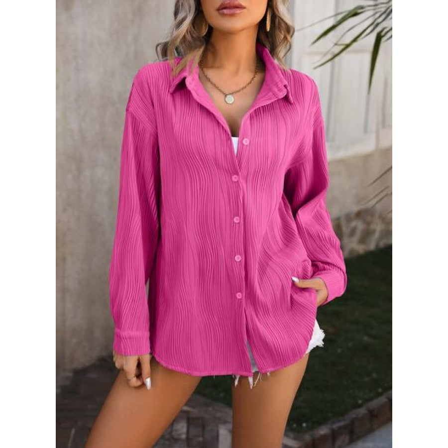 Button Up Dropped Shoulder Shirt Hot Pink / S Apparel and Accessories