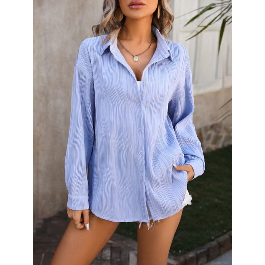 Button Up Dropped Shoulder Shirt Misty Blue / S Apparel and Accessories